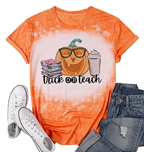 Trick Or Teach Shirt Women Teacher Halloween Pumpkin T-Shirt Cute Thanksgiving Pumpkin Fall Season Tops