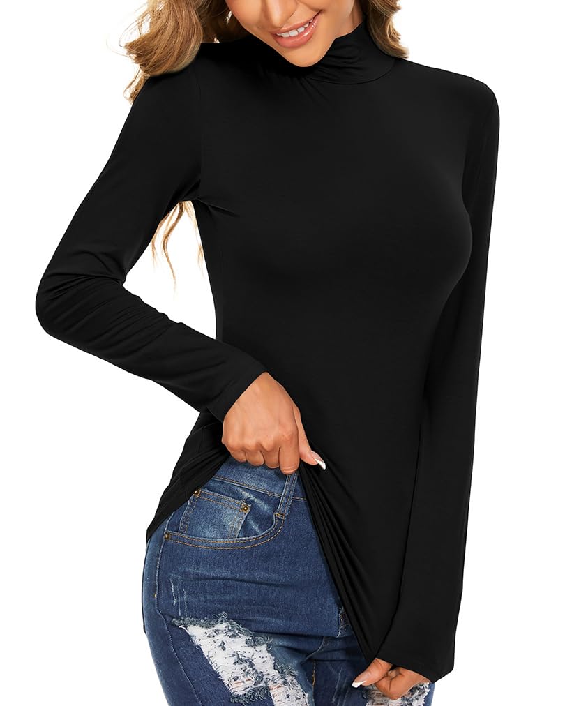 Women's Long Sleeve Mock Turtle Neck Tops Lightweight Slim Fitted Base Layer Shirts Black Medium