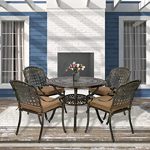 Onlyeah 5 Pieces Outdoor Furniture Dining Set, All-Weather Cast Aluminum Round Patio Table with Umbrella Hole and 4 Cushioned Dining Chairs for Patio Garden Deck, Retro Pattern Design