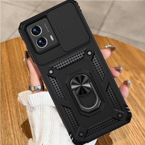 for Moto G 5G 2023 Case with Slide Lens Cover, HD Screen Protector, Military Grade Drop Protection, Magnetic Rotated Ring Holder Kickstand Phone Case for Motorola Moto G 5G (2023),Black