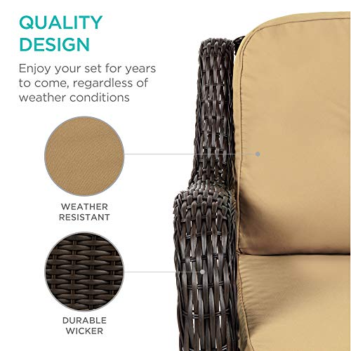 Best Choice Products 3-Piece Outdoor Wicker Patio Bistro Set w/ 2 360-Degree Swivel Rocking Chairs and Tempered Glass Top Side Table - Beige