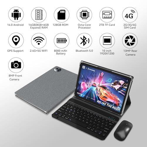 Tablet 10 inch 2024 Newest Android 14 Tablet with 128GB Rom+14GB Ram+2TB Expand, 4G Cellular Tablets with Dual Sim Slot, 2 in 1 Tablet with Case/Keyboard/Mouse, 5G Wifi, Octa-Core GPS 8000mAh (Grey)