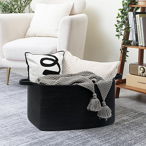 Goodpick Large Laundry Basket, Blanket Basket Living Room, Storage Basket for Toys, Towels, Woven Baskets for Storage, Rope Basket, Dirty Clothes Basket, Rectangle Basket, 21.6" x 14.9" x 11.8", Black