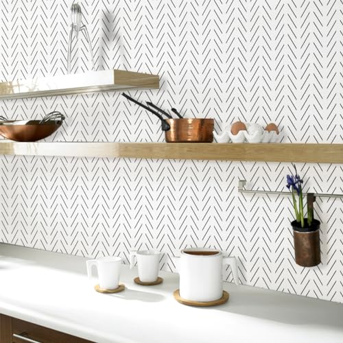 Erfoni Black and White Peel and Stick Wallpaper Modern Herringbone Contact Paper Bathroom 17.7inch x 78.7inch Geometric Removable Wall Paper Peel and Stick Self Adhesive Contact Paper