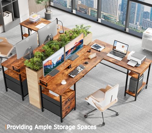 Furologee 66" L Shaped Computer Desk with Shelves, Reversible Corner Gaming Desk with File Drawer and Dual Monitor Stand, Large Home Office Desk Writing Study Table Workstation, Rustic Brown