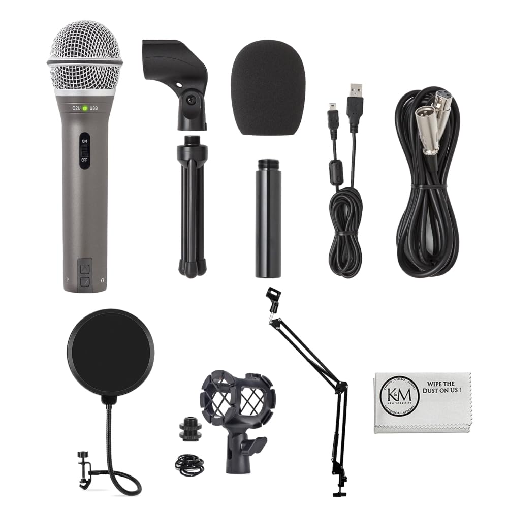 Samson Q2U Recording & Podcasting Pack | Gray Bundled with Shockmount + Pop Filter + Mic Arm + Microfiber Cleaning Cloth (5 Items)