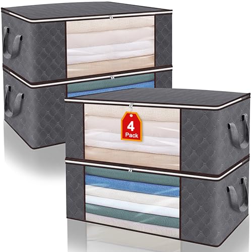 3 Pack 100L foldable storage bags for clothes,closet organizers and storage containers for Clothing,under bed clothes storage bins with Handle,Clear Window,Sturdy Zipper for Bedroom,Stale grey