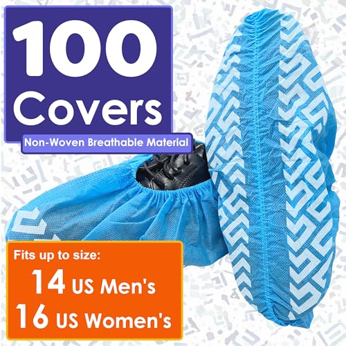 Buena Goods 100 Pack Extra Large Disposable Blue Boot and Shoe Covers - Indoor Reusable Shoe Covers Disposable - Non Slip Booties - Fits US Men's Size 14 and Women's 16 Size