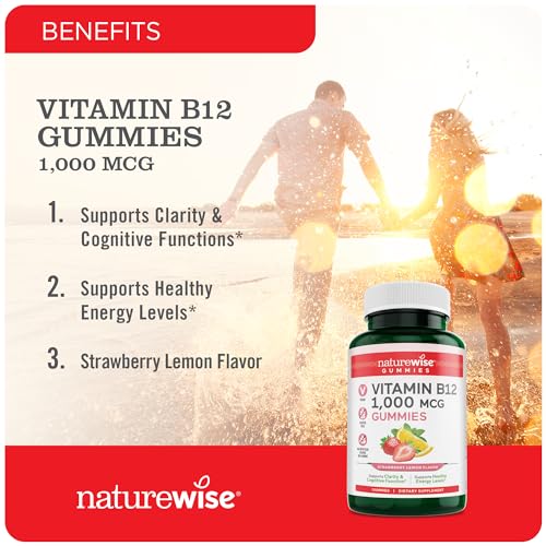 NatureWise Vitamin B12 Gummies for Adults, 1000 mcg - Strawberry Lemon Flavor - Supports Daily Energy, Mental Clarity, Cognitive Function - Vegan, Gluten-Free, Non-GMO - 180 Gummies[3-Month Supply]