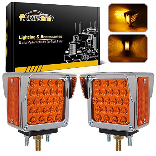 Partsam 2Pcs Double Face Trailer Pedestal Turn Signal Parking Lights with Chrome Visors, Amber/Amber Dual Face Square 52 LED Fender Stud Mount Light for Trucks Trailers, Dual Studs