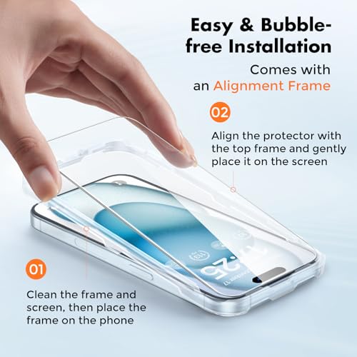 UNBREAKcable Shatterproof Tempered Glass Screen Protector for iPhone 15 [2-Pack] [99.99% HD Clear] [Easy Installation Frame] [9H Hardness] for Apple 6.1”