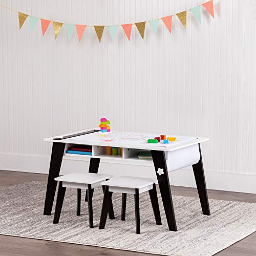 Wildkin Kids Arts and Crafts Table Set for Boys and Girls, Mid Century Modern Design Craft Table Includes Two Stools, Paper & Storage Cubbies Underneath Helps Keep Art Supplies Organized (Espresso)