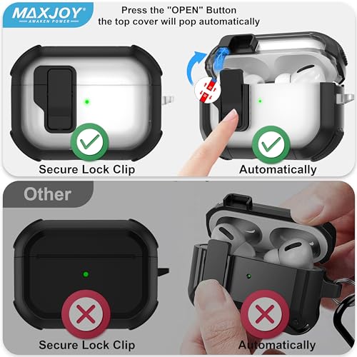 Maxjoy for AirPods Pro 2nd Generation Case with Cleaner Kit, AirPods Pro 2/Pro Protective Case Pro2 Automatic Lock Cover Compatible with Apple Airpods Pro 2 2023 USB-C/2022/Pro 2019, Transparent Black