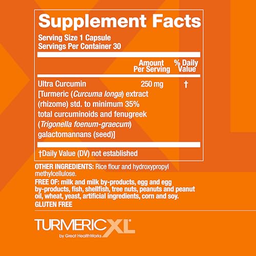 TurmericXL Natural Joint Support & Healthy Inflammatory Response Supplement - 250mg Turmeric Extract Delivers 45x More Curcumin - High Absorption, Gluten-Free – 30 Veggie Capsules