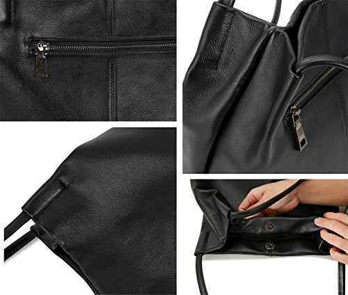 Iswee Black Leather Tote Bag Soft Genuine Leather Shoulder Bag Bucket Bags for Women Handbags and Purses Slouchy Hobo Large Satchel (Black)