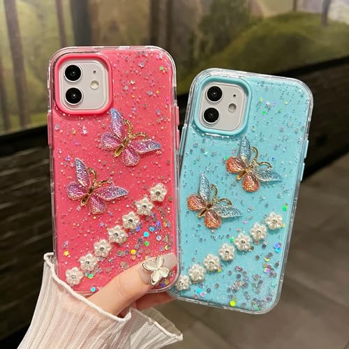 Puxicu Bling Glitter Case for iPhone 14 Pro Case 6.1" for Women Girls, Pretty Butterfly Flash Diamond Relief Pattern, Sparkling Powder Decoration, 3 in 1 Heavy Duty Shockproof Protection, Blue