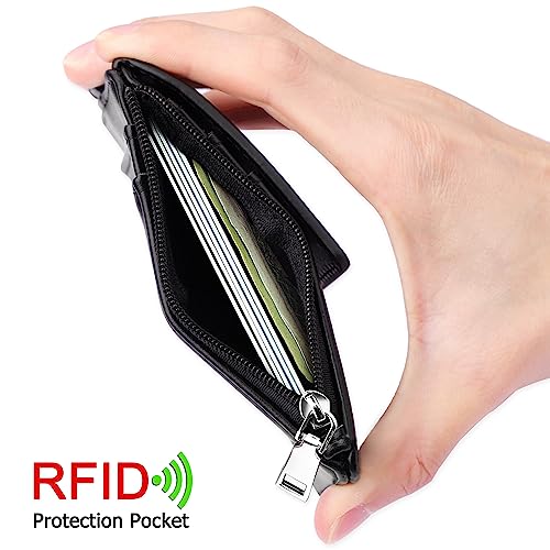 ELV Badge Holder with Zipper, PU Leather ID Badge Card Holder Wallet with 5 Card Slots, 1 Side RFID Blocking Pocket and 20 inch Neck Lanyard Strap for Offices ID, School ID, Driver Licence (Black)