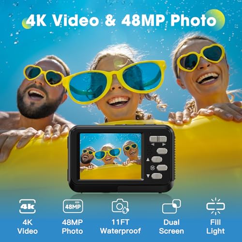 4K Waterproof Camera Underwater Camera Snorkeling 11FT with 64GB Card Dual Screens Selfie 48MP Autofocus 16X Zoom Compact Digital Camera Waterproof with 2 Batteries (Black)