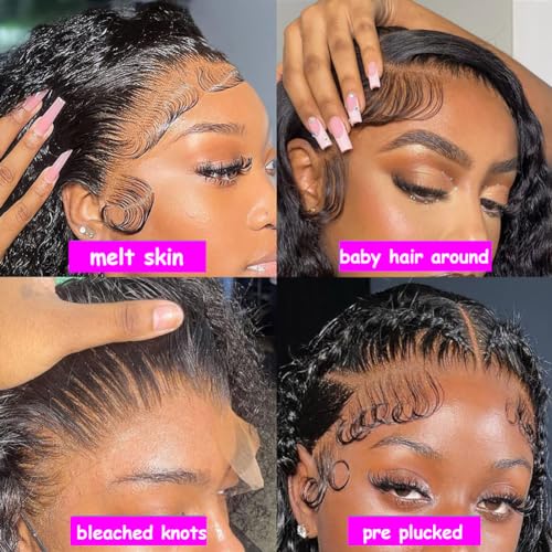 13x4 Lace Front Wigs Human Hair Deep Wave Lace Frontal Wigs 180% Density Glueless Brazilian Virgin Hair Pre Plucked with Baby Hair Natural Hairline HD Lace Wigs for Women Natural Black Color 18 Inch