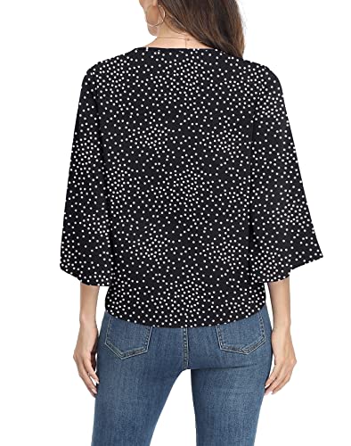 VIISHOW Women's V Neck Tops 3/4 Sleeve Tie Knot Blouses Casual Button Decorative Work Shirts,Wine red,Medium