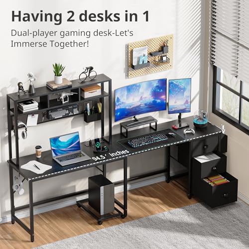 DOMICON Gaming Desk Computer Desk with Storage, L Shaped Desk with Power Outlet & LED Strip, Office Desk with Pegboard, Corner Deck for Home Office Black
