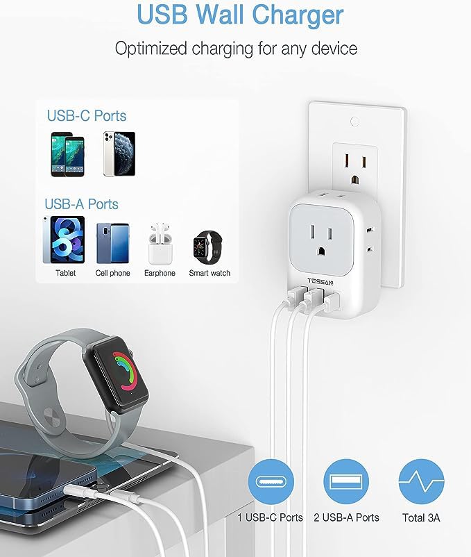 USB Wall Charger, USB Plug Adapter Outlet Extender, TESSAN 3 USB Block (1 USB C Port), Multi Charging Station for Cruise, Bathroom, Office, Dorm Essentials