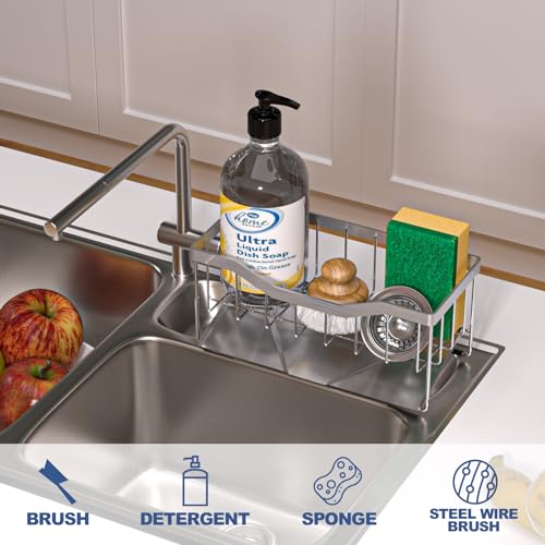 Vanwood Sponge Holder for Kitchen Sink with Auto Draining Tray, Sink Caddy Kitchen Sink Cocina Organizer, Self Drain Dish Soap Sponge Caddy for Counter (304 Sus Stainless Steel)