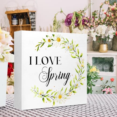 Spring Wooden Desk Sign,Funny Spring Sign,I Love Spring Wood Block Signs Desk Decor,Spring Decorations for Home Shelf Table Decor-2