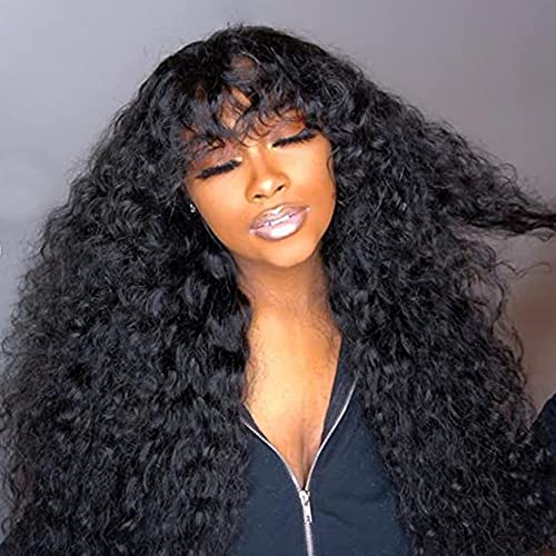 INSBEAUTY Jerry Curly Human Hair Wigs With Bangs 200% Density Virgin Human Hair Glueless Scalp Base Top Full Machine Made Wig For Black Women Brazilian Curly Wigs Natural Color 14 Inch
