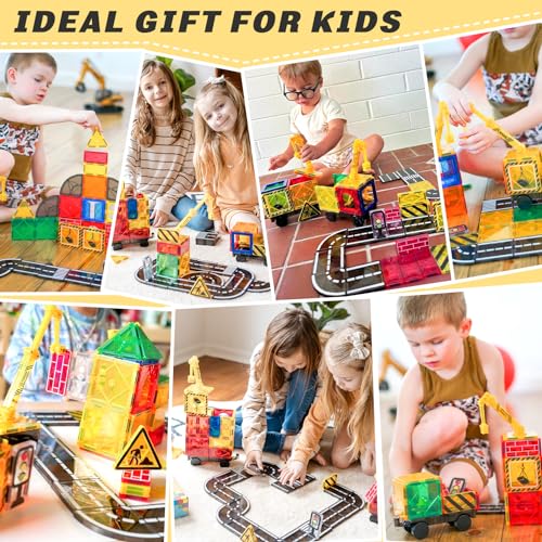 Kids Games Magnetic Tiles Road Set with Extendable Magnetic Crane, City Construction Building Toys for Toddlers STEM Preschool Toys Ages 4-6 5-7, Gifts for 3+ Year Old Boys Girls Kids Toys with Car