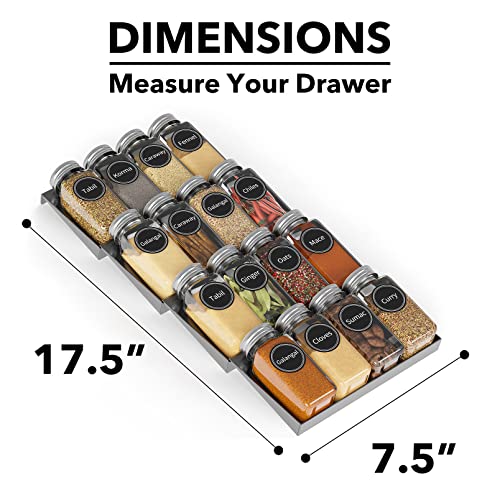 SpaceAid Spice Drawer Organizer with 16 Spice Jars, 386 Spice Labels, 4 Tier Seasoning Rack Tray Insert for Kitchen Drawers, 7.5" Wide x 17.5" Deep