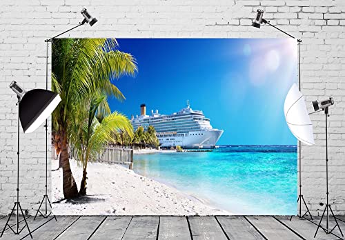 CORFOTO 5x3ft Cruise Ship Backdrop Caribbean Sea Background Palm Trees Tropical Beach Island Photography Backdrops Summer Cruise Travel Party Supplies Ocean Cruise Birthday Props Photoshoot Fabric