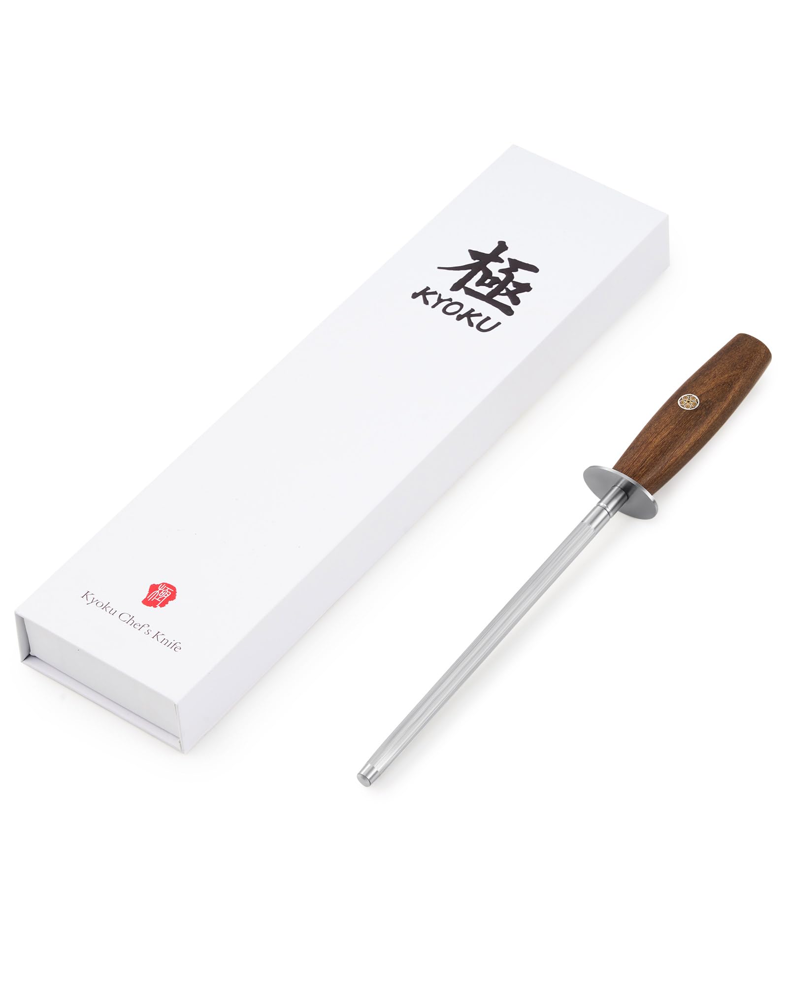 KYOKU 8 in. Honing Steel, Daimyo Series Honing Rod with Rosewood Handle & Metal Hand Guard, Carbon Steel Knife Sharpener Rod, Sharpening Steel Knife Sharpener Steel for Rolled Knife Edge with Gift Box