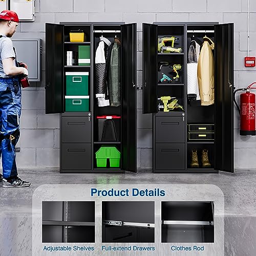 PEUKC Metal Storage Cabinets with Locking Doors, 67" Freestanding Clothing Coat Storage Wardrobe Lockers for Office, Home, School, Garage, Gym (Black)