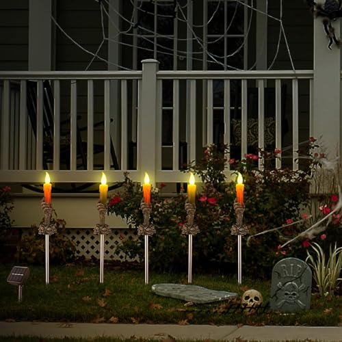 Halloween Pathway Lights, 5 Pack Candle Skull Hand Candle Holder, LED Halloween Decor Candle Lights Solar Powered, Indoor and Outdoor Party Home Garden Porch Halloween Decoration (Dark Black-1x5 Pack)