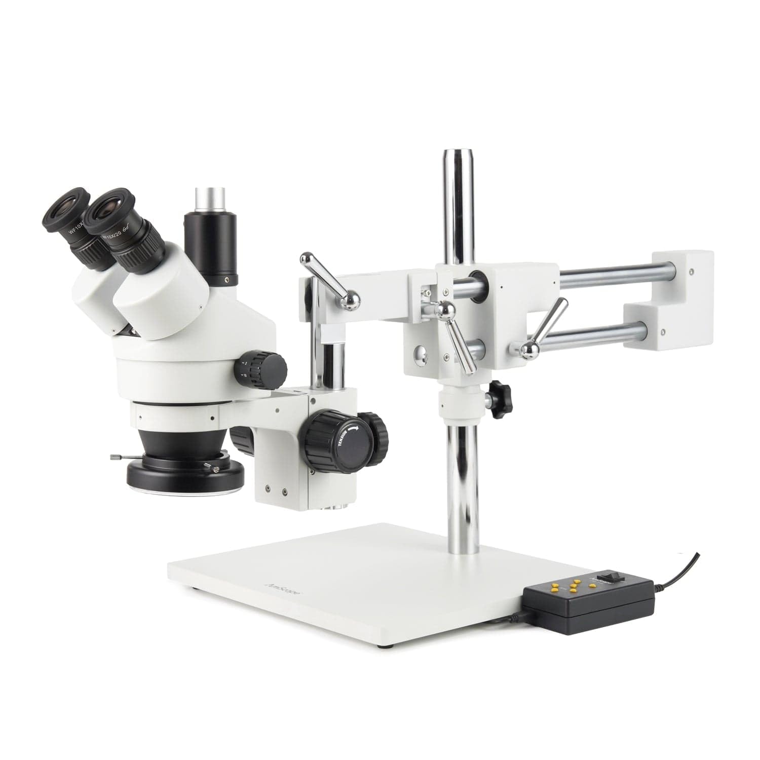 AmScope SM-4TZ-144A Professional Trinocular Stereo Zoom Microscope, WH10x Eyepieces, 3.5X-90X Magnification, 0.7X-4.5X Zoom Objective, Four-Zone LED Ring Light, Double-Arm Boom Stand, 110V-240V, Includes 0.5X and 2.0X Barlow Lens