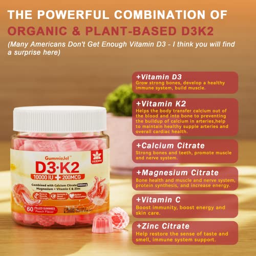 Sugar-Free Vitamin D3 K2 Filled Gummies 5000IU / 10,000 IU with 500mg Calcium + K2 (MK-7) 200mcg, Magnesium Citrate, Vitamin C, Extra Strength - Ultimate Absorption for Bone Muscle Teeth Immune, Vegan