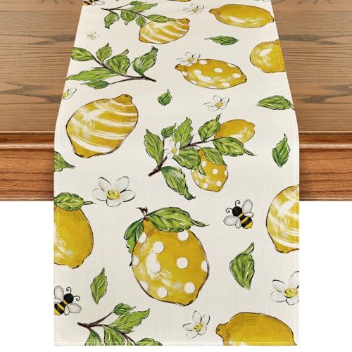 Artoid Mode Lemon Bee Leaves Summer Table Runner, Seasonal Spring Kitchen Dining Table Decorations for Home Party Decor 13x36 Inch