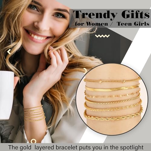 Dainty Gold Bracelets for Women Trendy Gold Link Chain Bracelet Set Figaro Paperclip Herringbone Teen Girl Gifts Christmas Jewelry 14k 18k Gold Plated Bracelets Stack