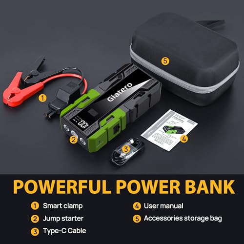 001B 4000A Portable Car Jump Starter - Jump Start Box Battery Pack for Motorcycle - 12 Volt Battery Booster with Flashlight and Type C Port Cables(Up to 9L Gas/8L Diesel)