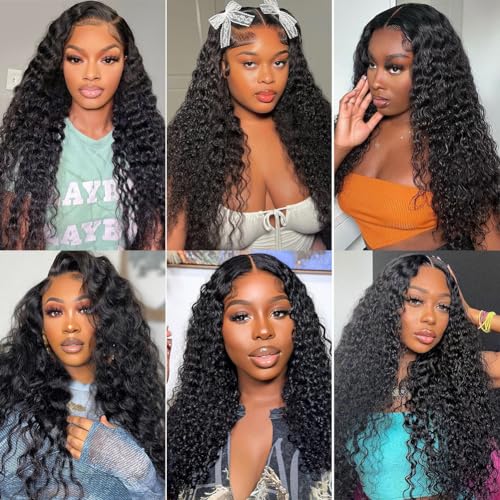 XVE Deep Wave 13x4 Lace Front Wigs Human Hair Pre Plucked 180% Density HD Transparent Lace Frontal Wig Wet And Wavy Wigs For Women Brazilian Hair Curly Glueless Wig Natural Black Color 20 Inch