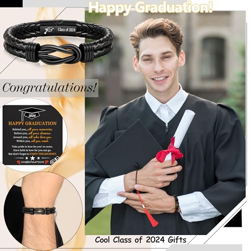 Graduation Gifts, Class of 2024 Leather Bracelet for Men Black Infinity Knot Bracelets for Teen Boys College High School Grads Birthday Christmas Jewelry