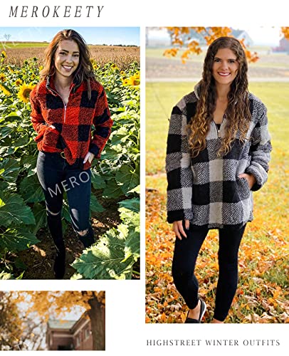 MEROKEETY Women's Plaid Sherpa Fleece Zip Sweatshirt Long Sleeve Pullover Jacket, Black, S