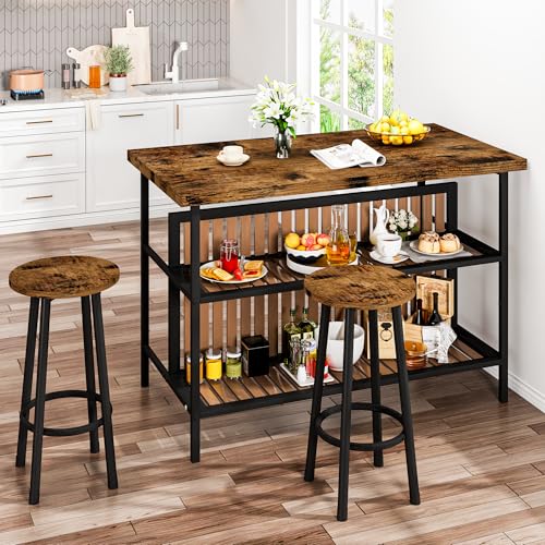 DKLGG Dining Table Set for 2 with Storage, Modern Kitchen Island with Seating 3 Piece Kitchen & Dining Room Sets Island Table for Small Space, Apartment, Home Bar, Brown