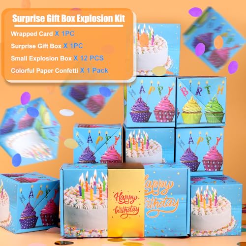 BABORUI Birthday Surprise Box Gift Box for Money, Happy Birthday Surprise Gift Box Explosion with Confetti, Seeroze Exploding Gift Box for Men Women Kids(Blue Birthday)