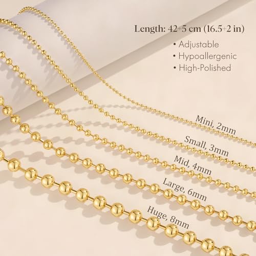 KissYan Gold Beaded Necklace for Women, 14K Gold Plated Adjustable High-Polished Basic Metal Ball Bead Chain Choker Necklace Minimalist Fashion Jewelry Gifts (Huge)