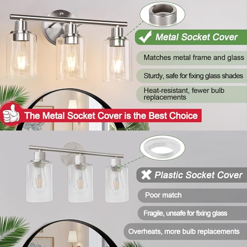 3-Light Bathroom Light Fixtures, Black and Gold Bathroom Wall Lights, Modern Bathroom Vanity Light with Clear Glass Shade, Bathroom Wall Lamp for Mirror Kitchen Bedroom Hallway Cabinet