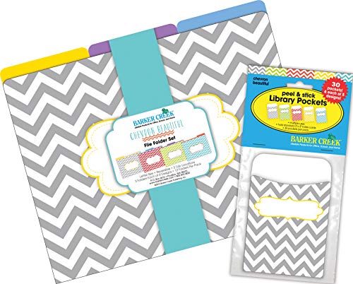 Barker Creek File Folder and Library Pocket Set, Nautical Chevron, 12 File Folders Printed on 14pt Stock and 30 Coordinating Peel & Stick Library Pockets, Home, School and Office Supplies (4416)