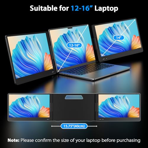 QQH Triple Portable Monitor, 14” FHD 1080P IPS Laptop Screen Extender with Alloy Stand, Only One USB-C Plug and Play Laptop Monitor Extender Compatible with MacOS, Wins, Android for 12-16” Laptops