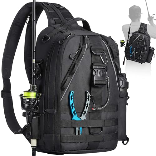 Piscifun Fishing Tackle Backpack with Rod & Gear Holder, Lightweight Outdoor Water-Resistant Fishing Shoulder Storage Bag, Black